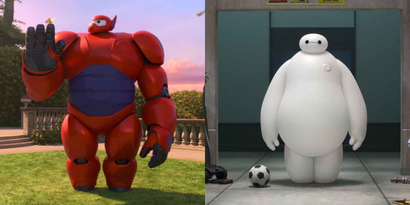A split image showing Baymax in his armor, and in his regular form
