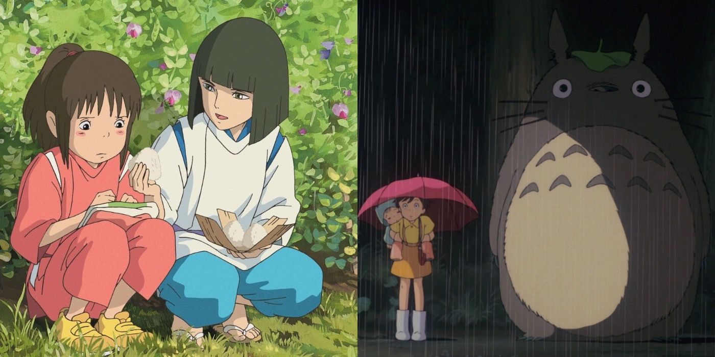 A split image of Chihiro and Haku in Spirited Away, and Mei, Satsuki & Totoro in My Neighbor Totoro