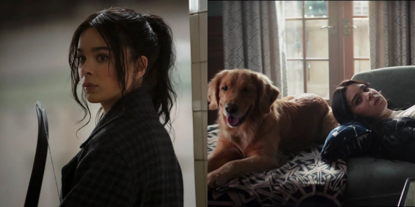 A split image showing Kate Bishop and Kate alongside Lucky in Hawkeye