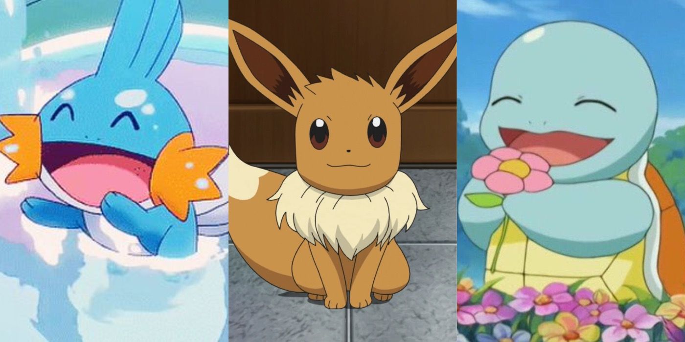 A split image showing Mudkip, Eevee, and Squirtle from Pokémon