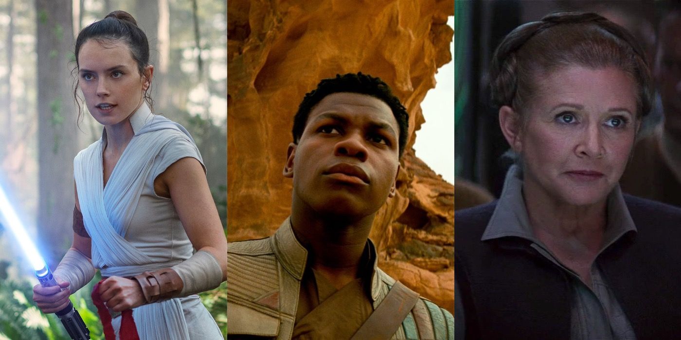 A split image showing Rey, Finn, and Leia in the Star Wars Sequel Trilogy