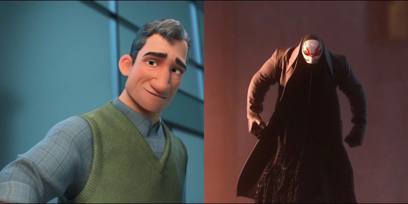 A split image showing Robert Callaghan in his day to day life, and as Yokai in Big Hero 6