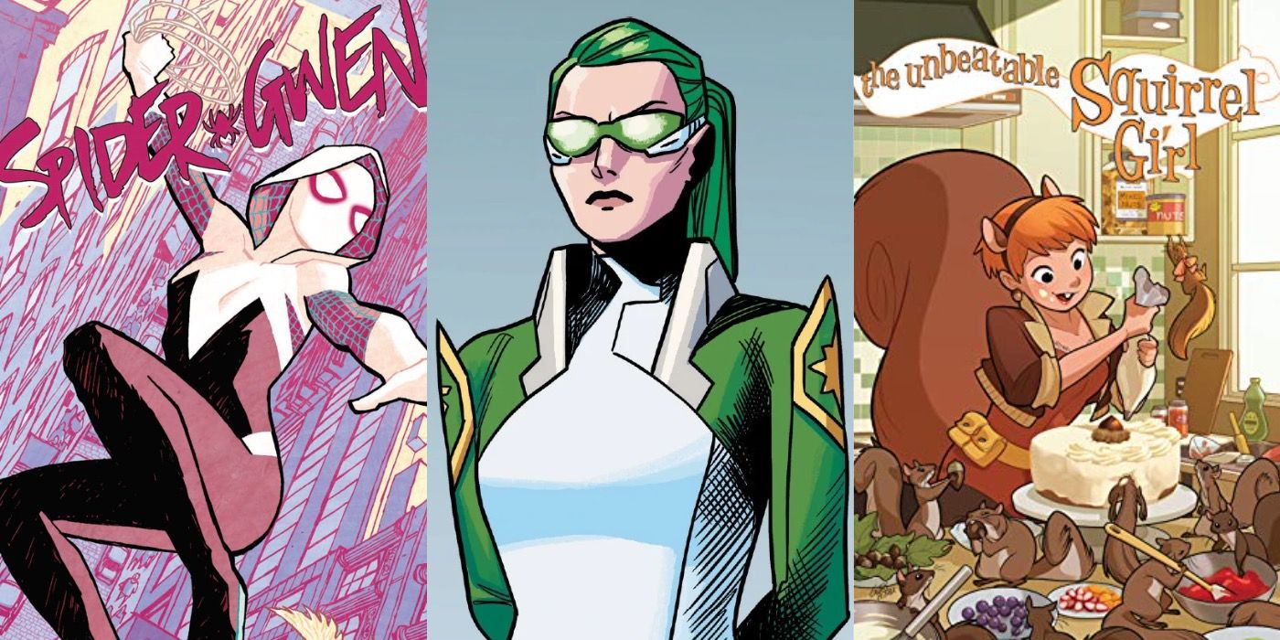 A split image showing Spider-Gwen, Abigail Brand, and Squirrel Girl in Marvel Comics