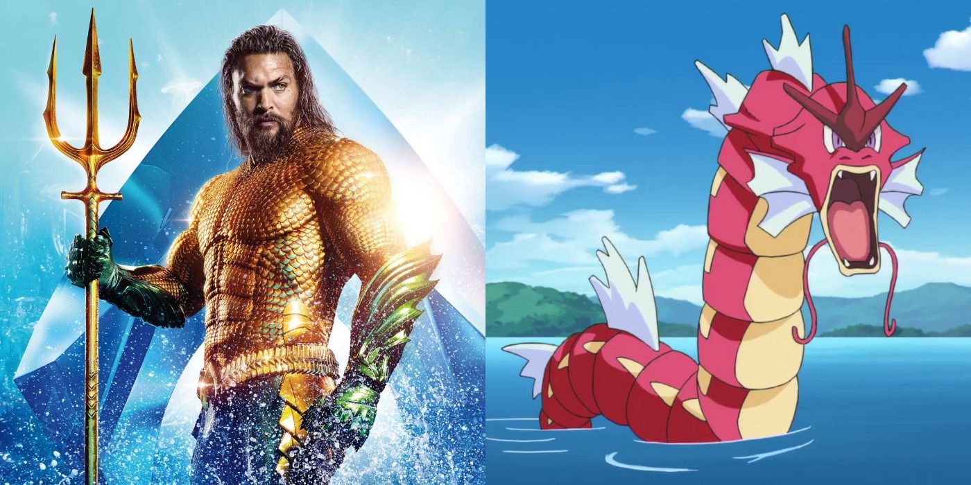 A split screen of Aquaman and Gyarados.