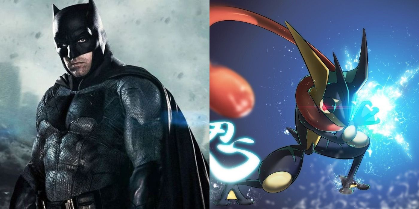 A split screen of Batman and Greninja.