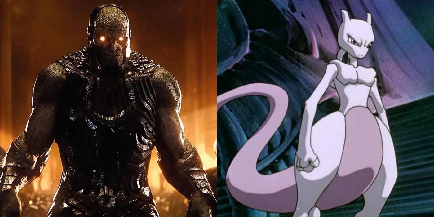 A split screen of Darkseid and Mewtwo.