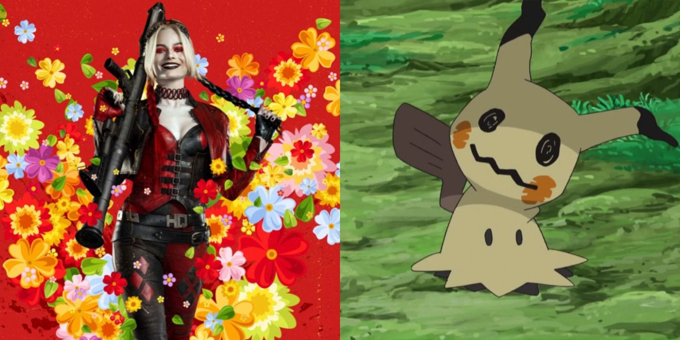 A split screen of Harley Quinn and Mimikyu.