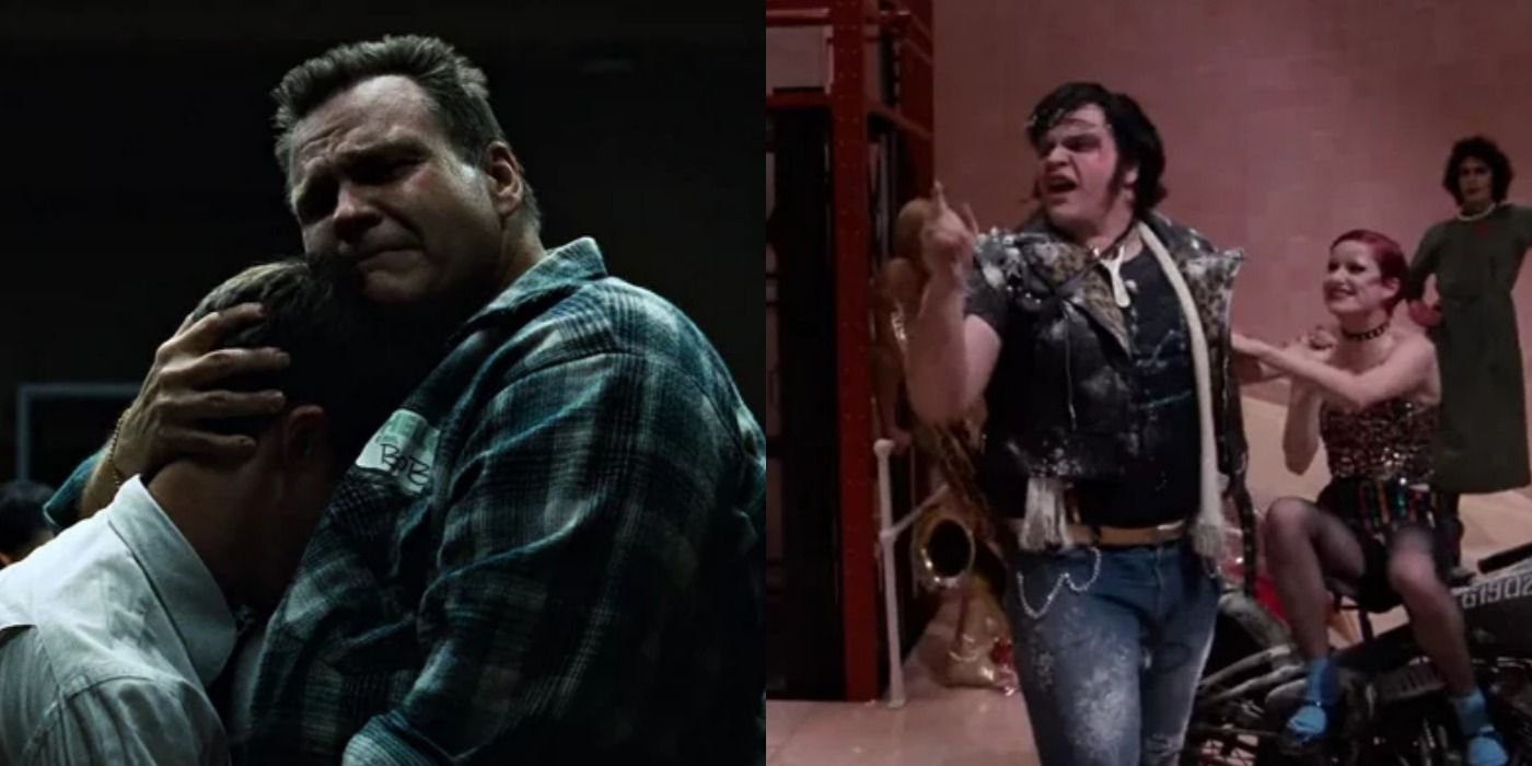 A split screen of Meat Loaf in Fight Club and Rocky Horror Picture Show.