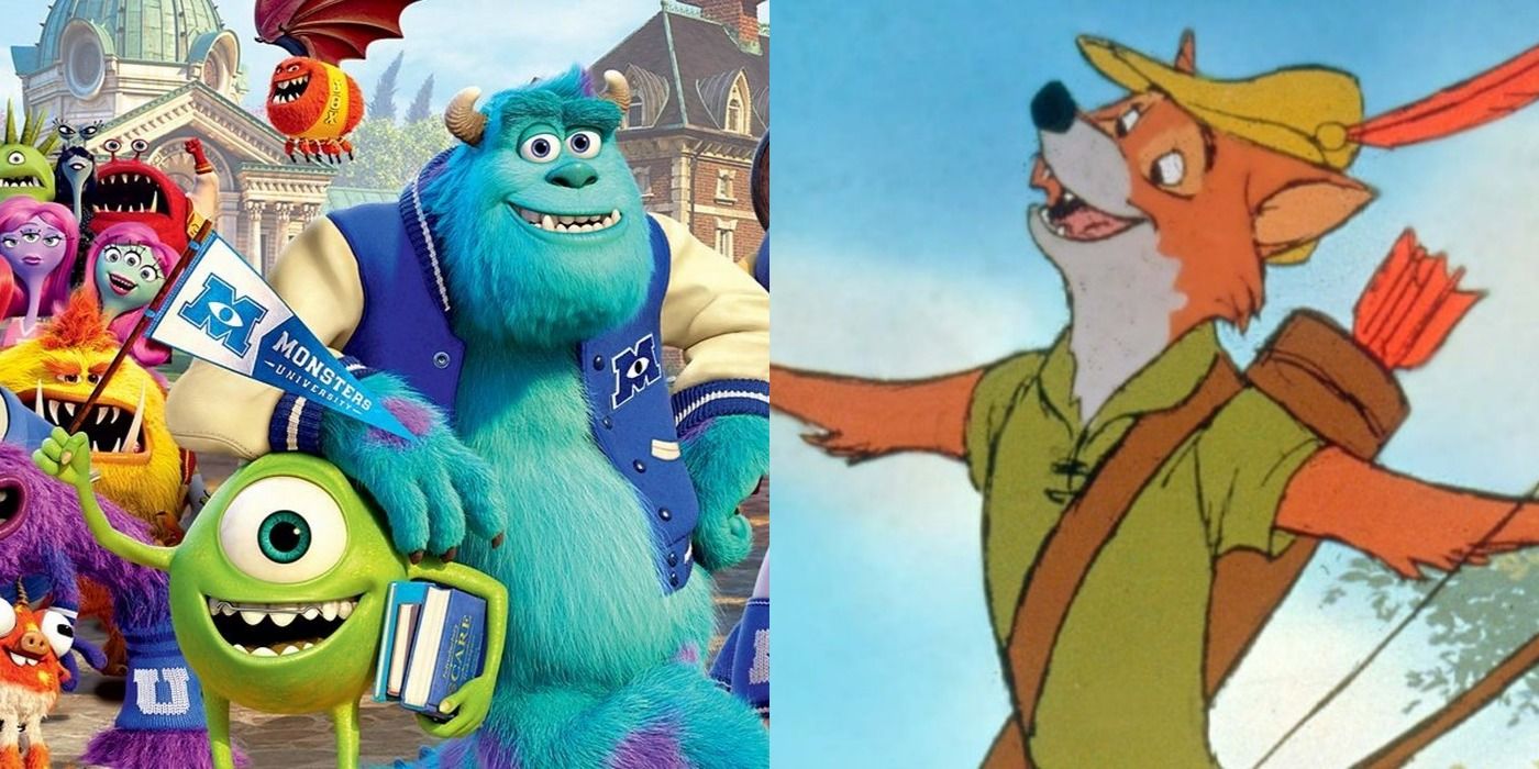 A split screen of Monsters University and Robin Hood