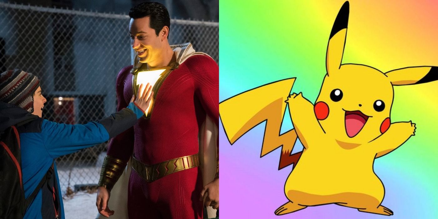 A split screen of Shazam and Pikachu.