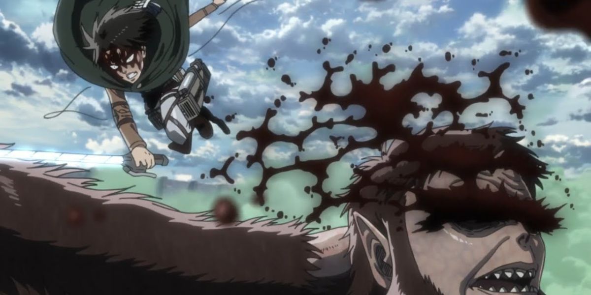 Levi flies through air slashing at the back of beast titans neck finally killing him