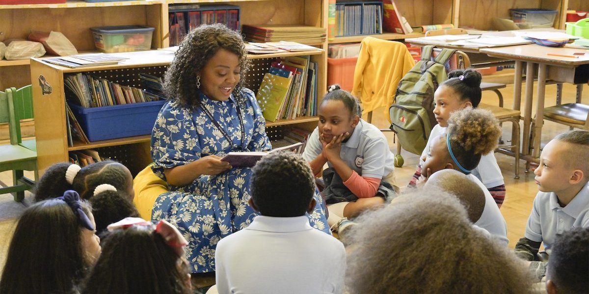 Still image of Janine reading to her class in Abbott Elementary