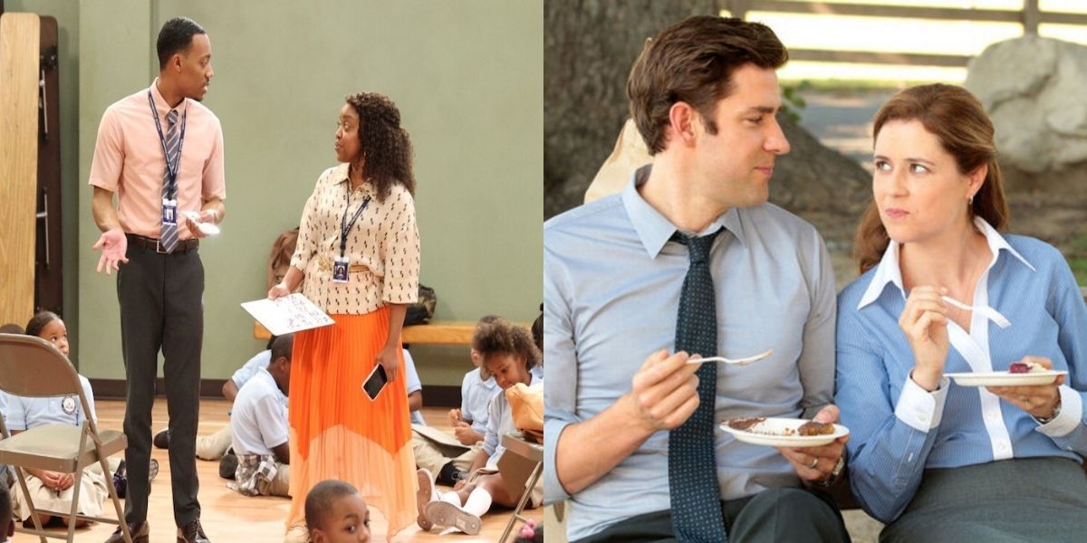 Split image of Janine and Gregory from Abbott Elementary and Pam and Jim from The Office