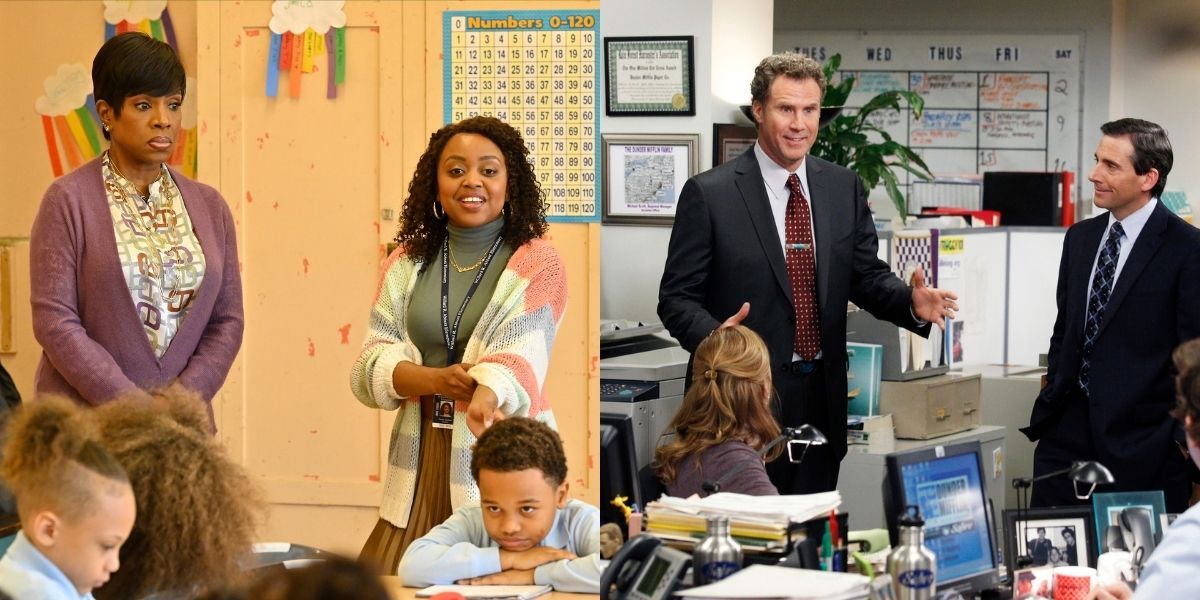 Split image of Abbott Elementary and The Office with workplace antics