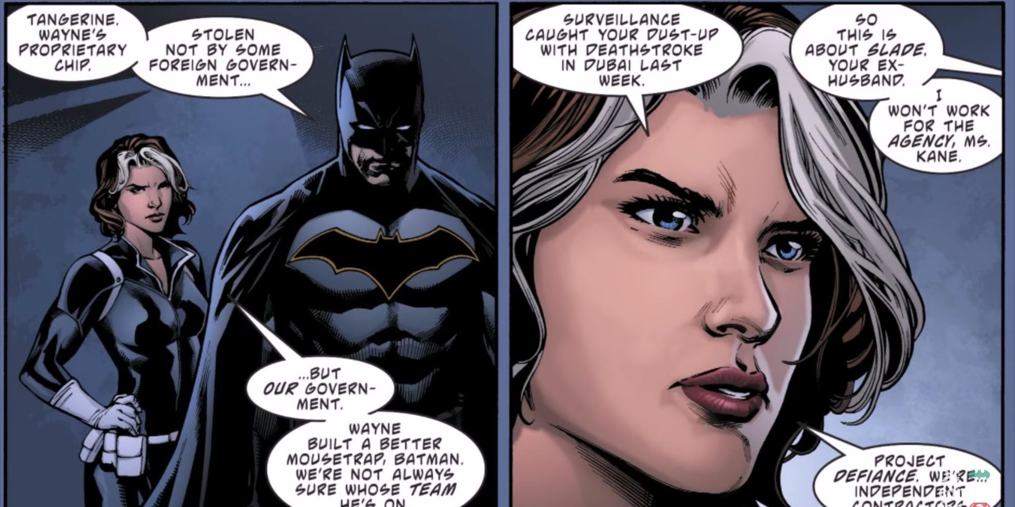 Adeline Kane discusses strategies with Batman in DC comics