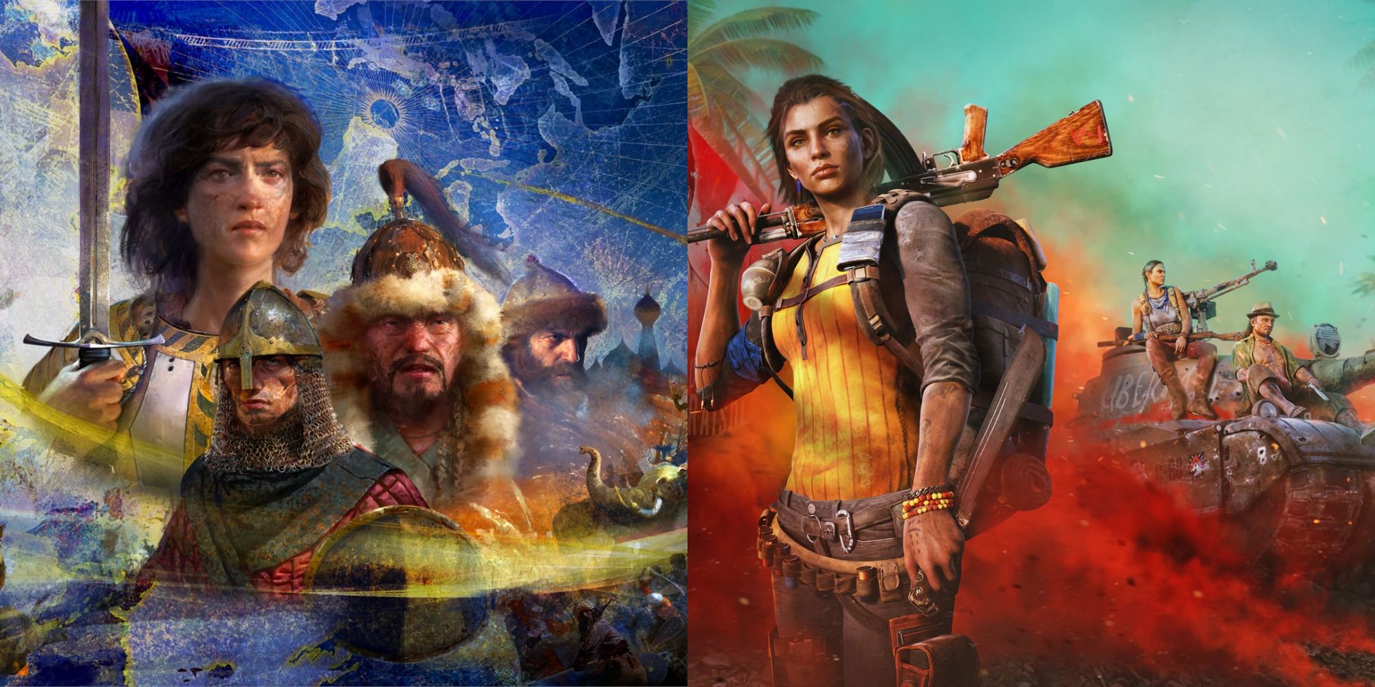 Split image showing characters for Age of Empires IV and Far Cry 6