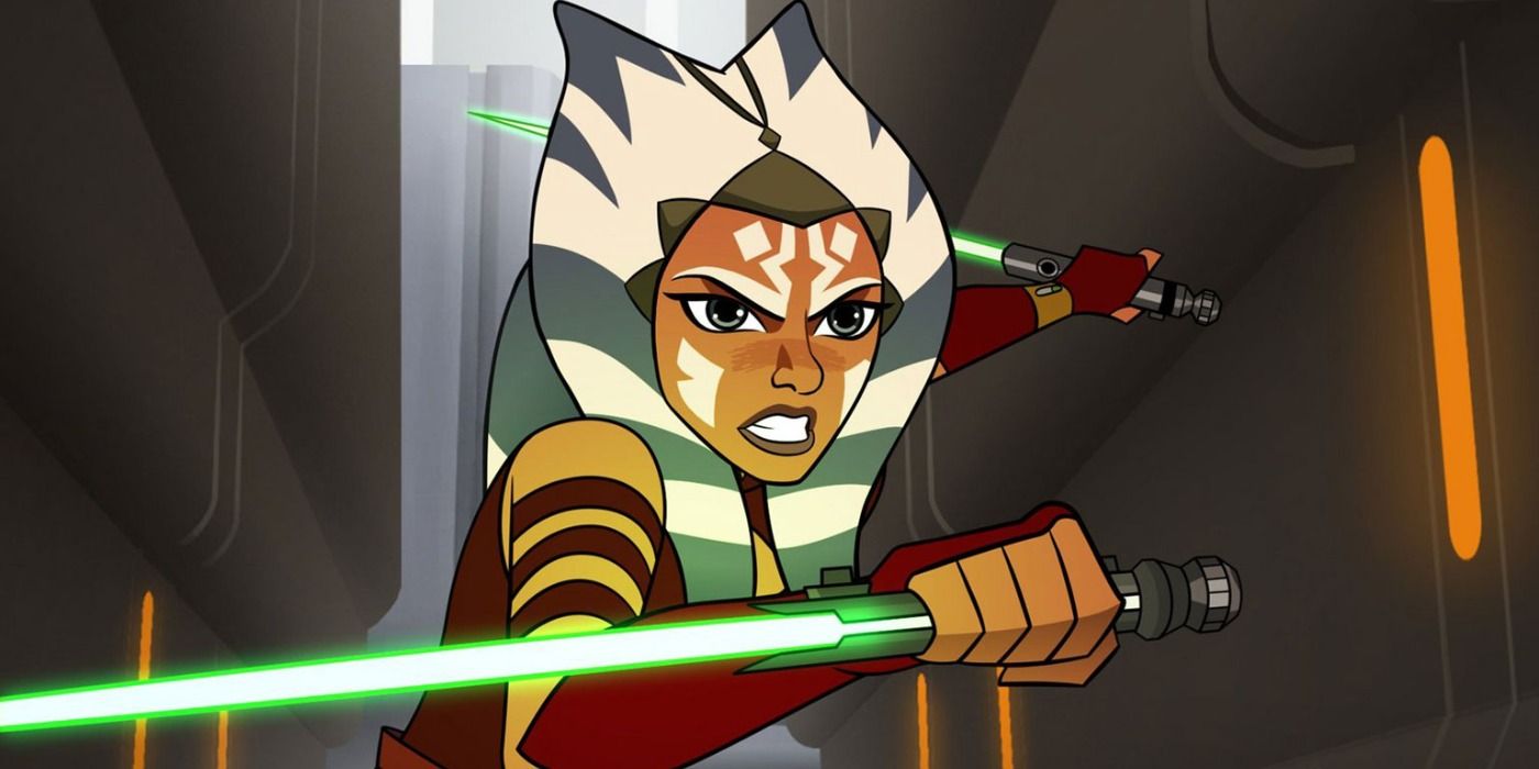 Ahsoka Tano fights off a droid in Star Wars Forces Of Destiny