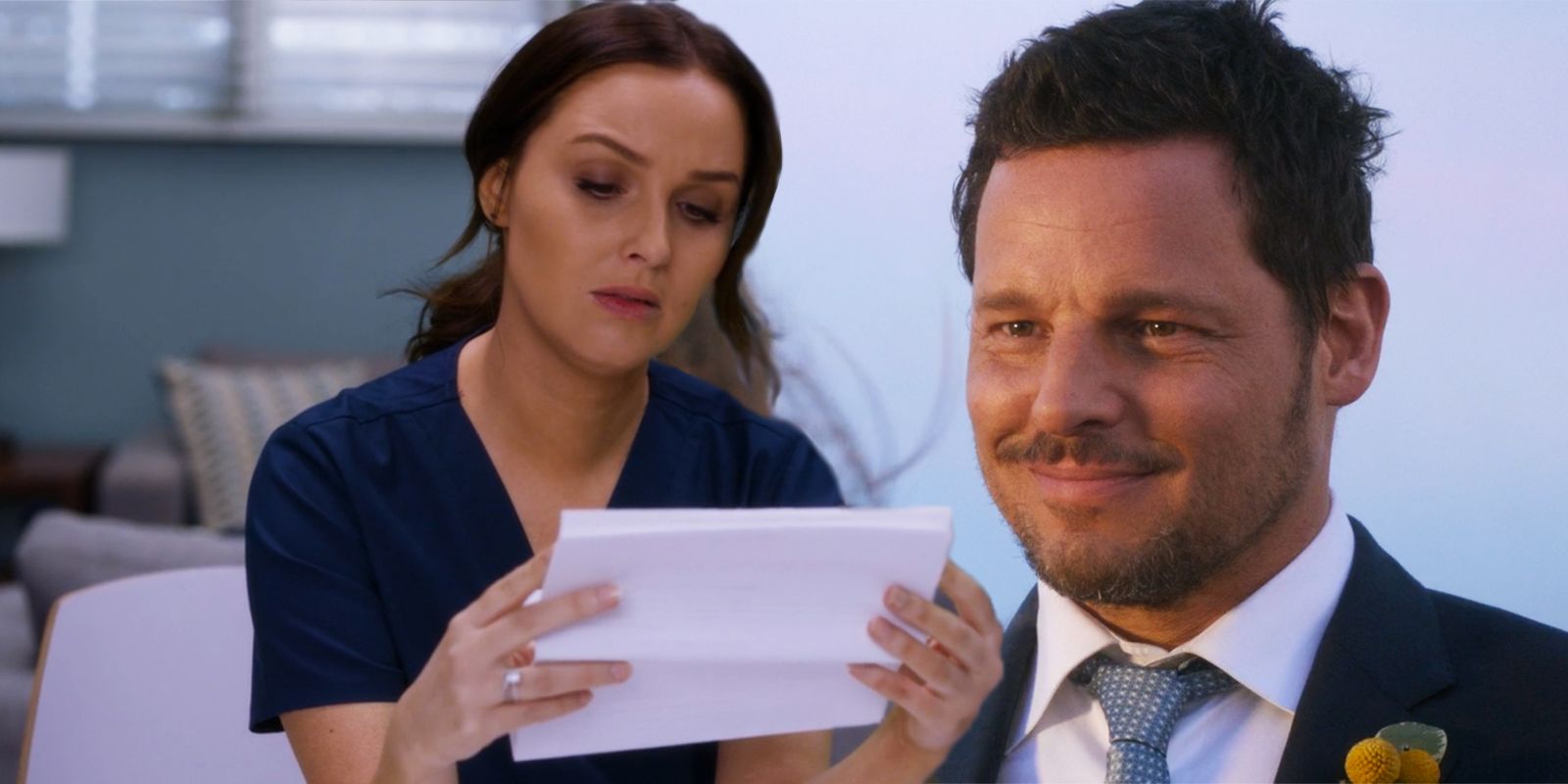 Una imagen de Jo leyendo una carta y Alex sonriendo con traje en Grey's Anatomy