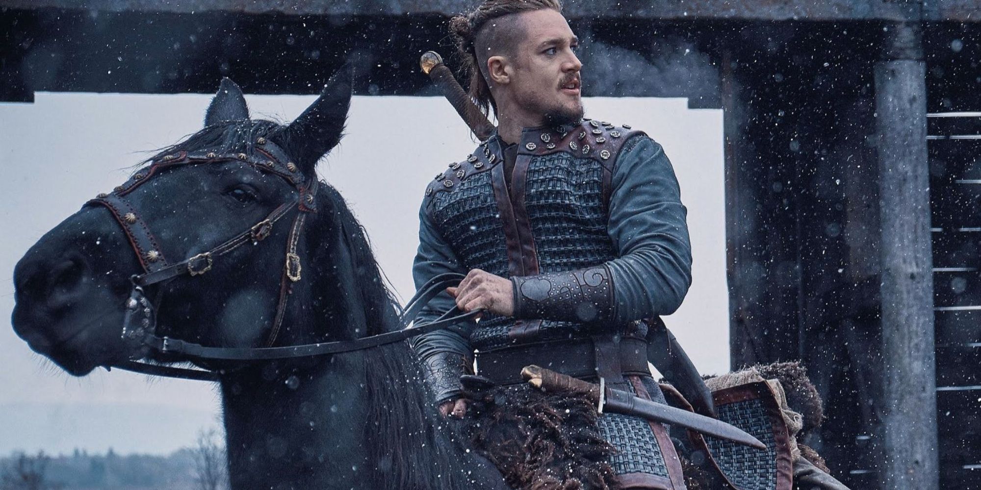 Alexander Dreymon as Uhtred of Bebbanburg in Netflix's The Last Kingdom on horseback