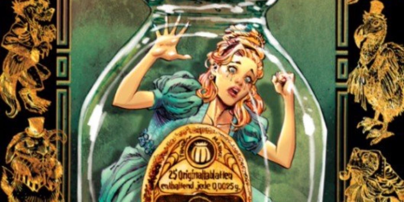 Alice Ever After promo image, showing Alice in an hourglass panicking