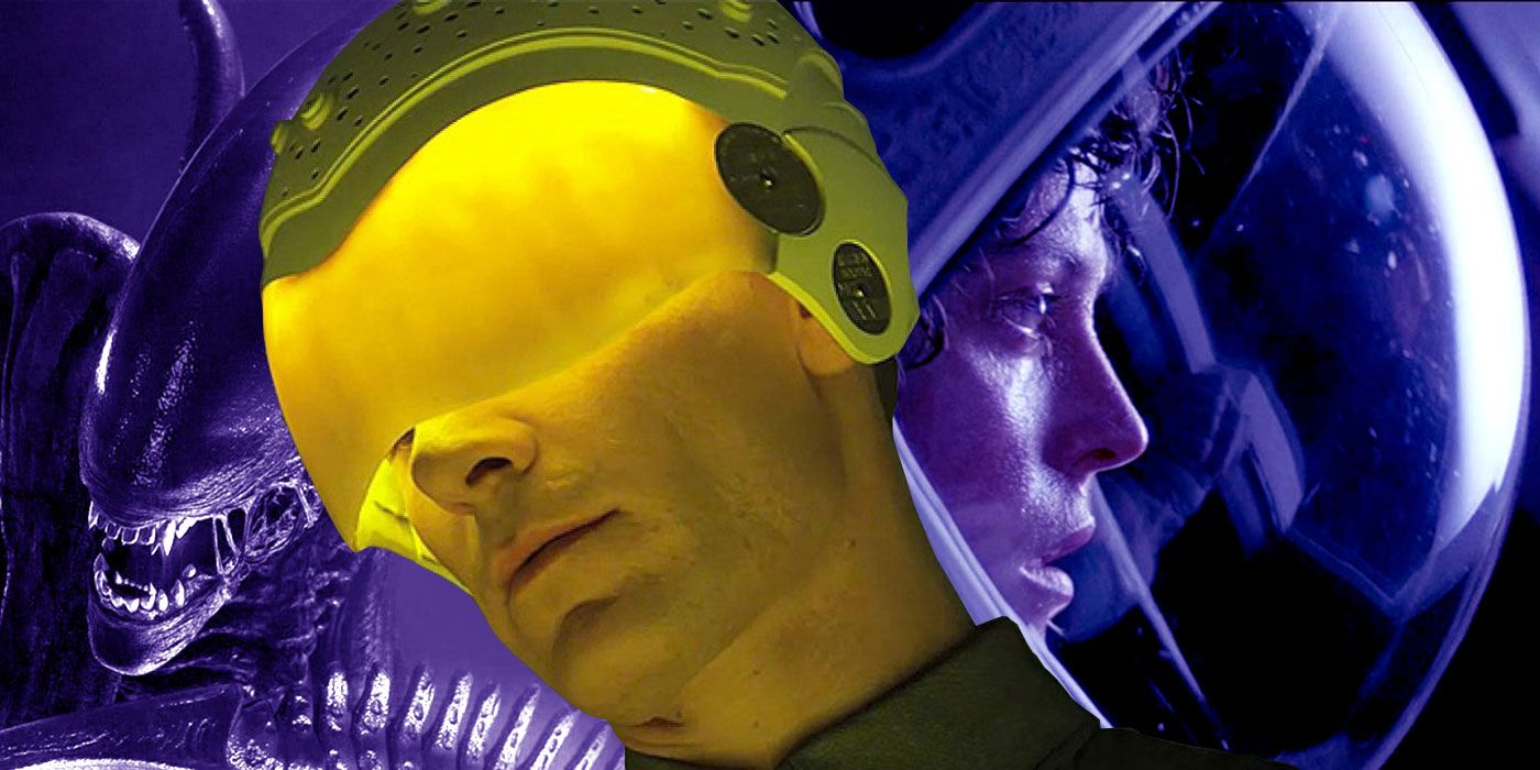 Composite of David from Prometheus wearing a dream visor, Ripley from Alien wearing a space suit, and a xenomorph.