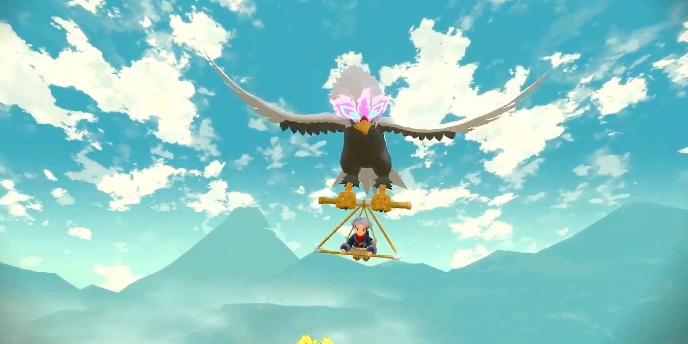 Akari riding Hisuian Braviary in Pokémon Legends Arceus