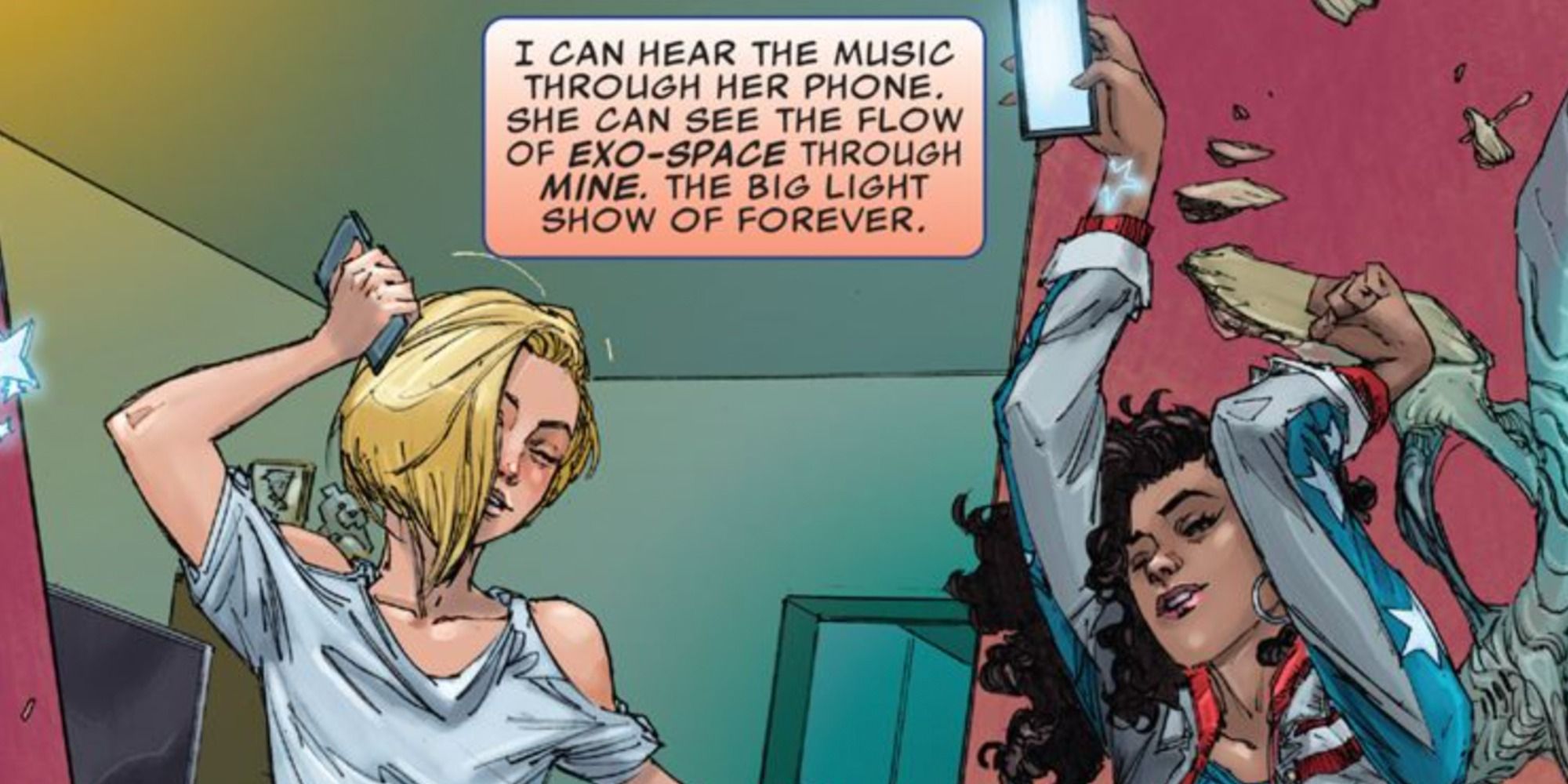 America Chavez dances with Lisa in Marvel Comics.
