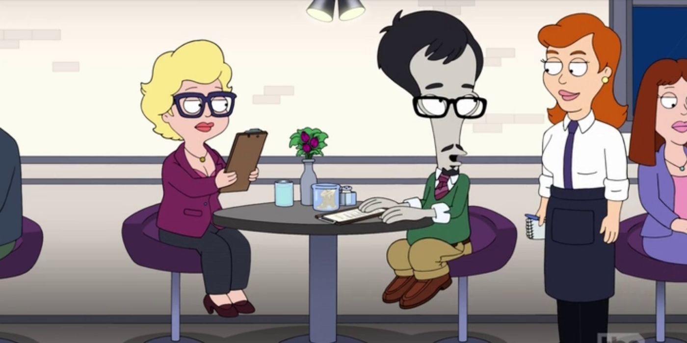 Two characters talking to a server in American Dad