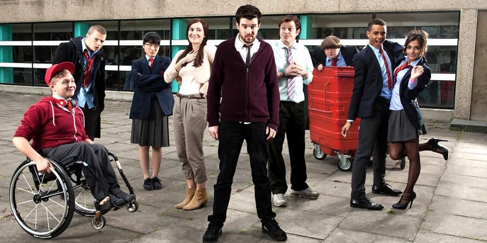 An image of Alfie standing in the yard with his class in Bad Education