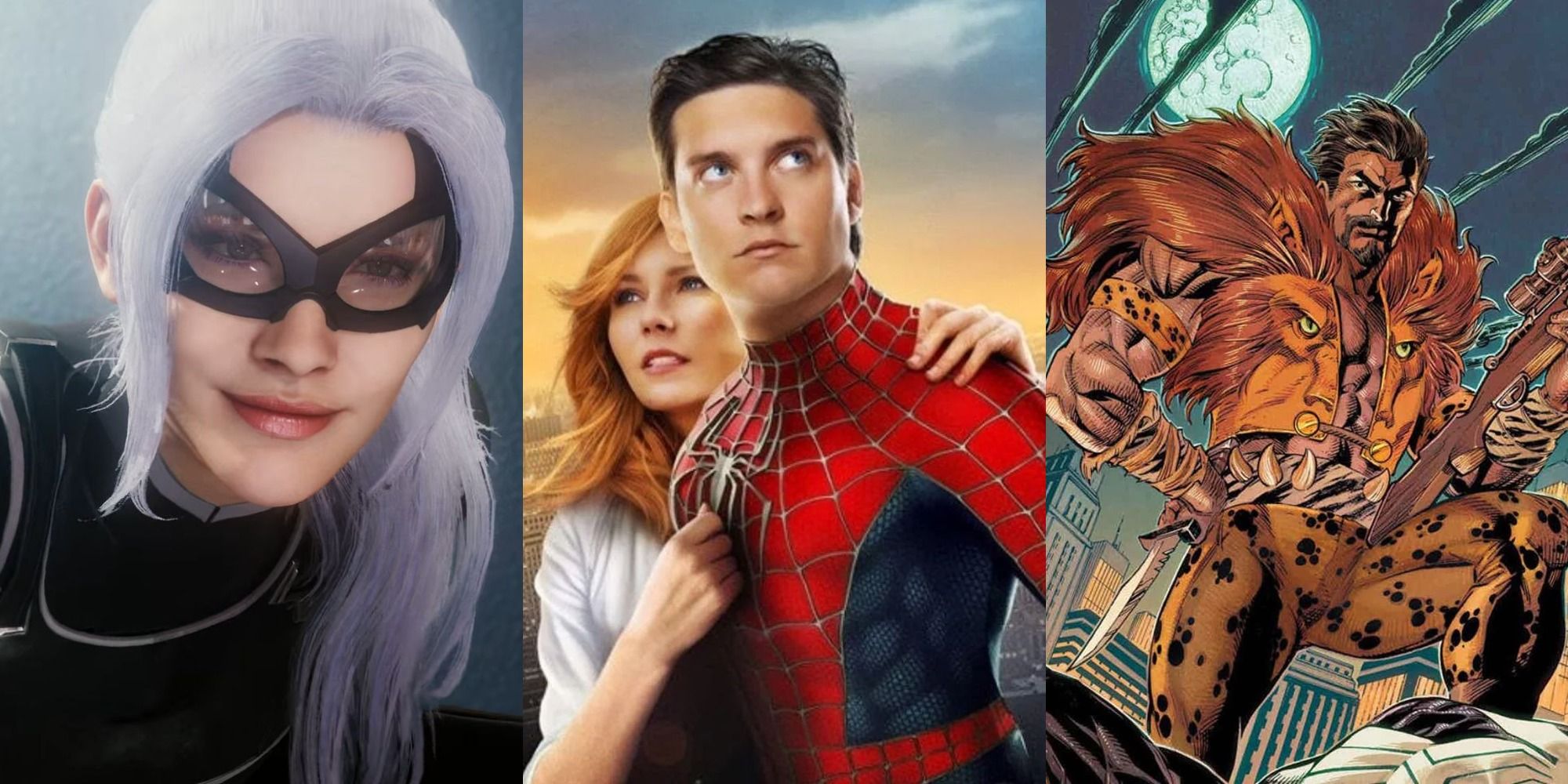 An image of Black Cat, Peter and Mary Jane, and Kraven the Hunter in the Marvel Comics