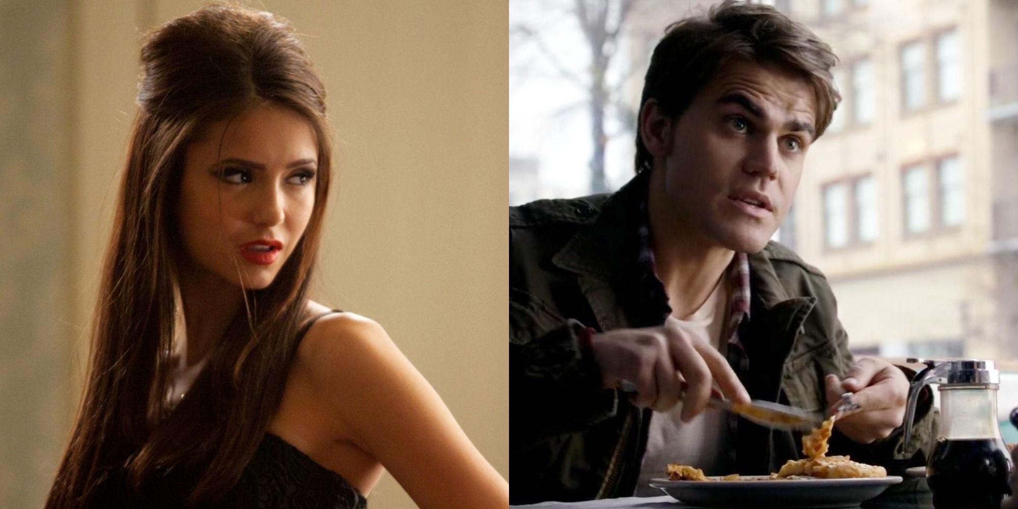 An image of Katherine smirking and Tom Avery eating in The Vampire Diaries