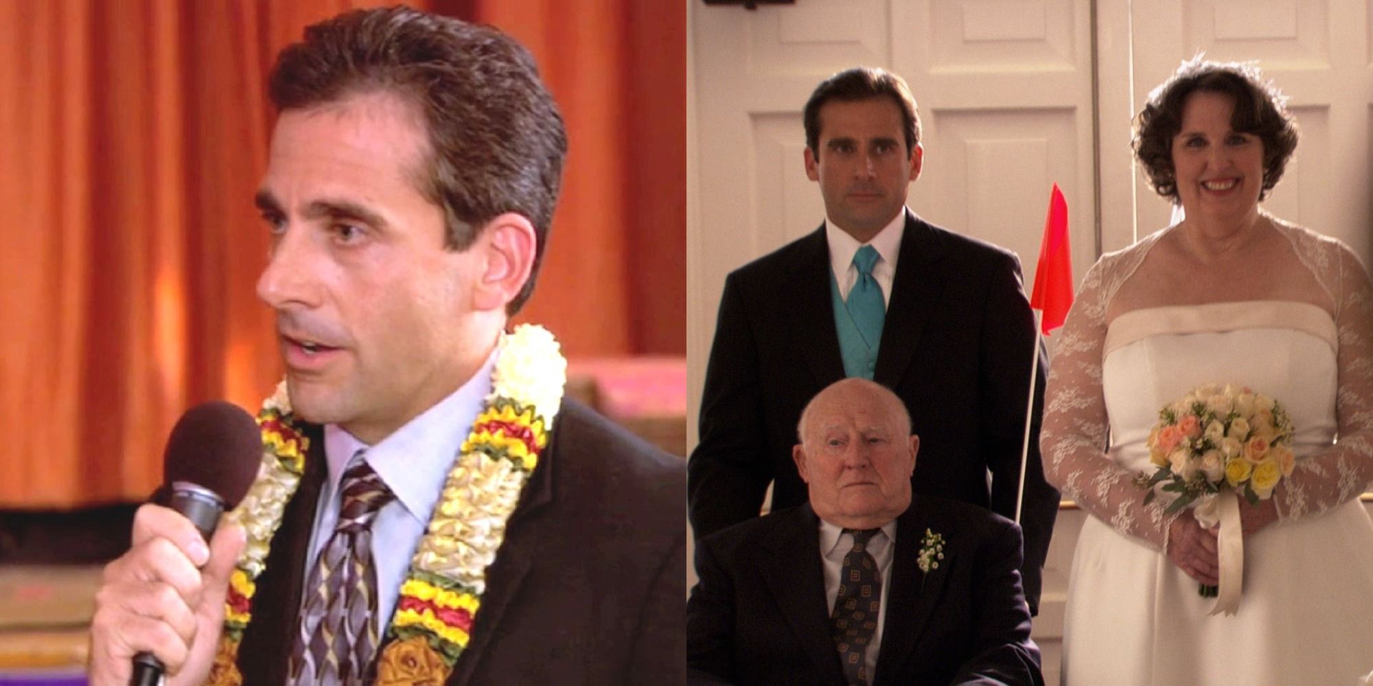 An image of Michael making a speech and Phyllis and her father walking down the aisle in The Office