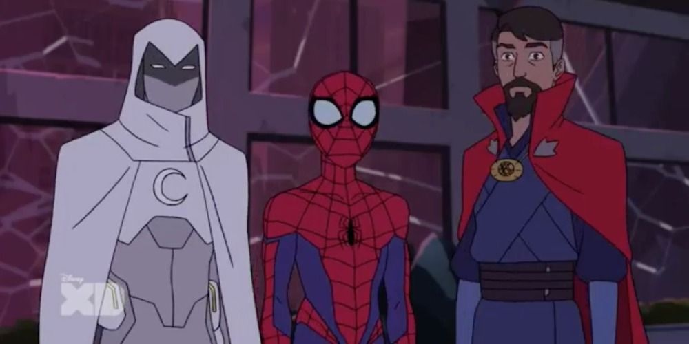 An image of Moon Knight, Spider-Man, and Doctor Strange standing together in Spider-Man 2017