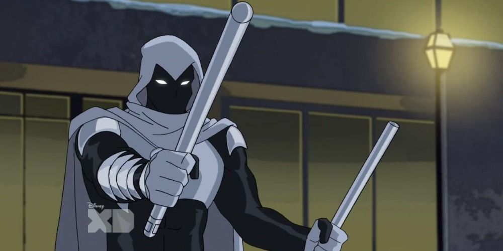 An image of Moon Knight holding two batons in Ultimate Spider-Man