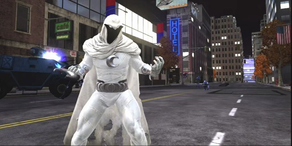 An image of Moon Knight standing in the road in Spider-Man's Web Of Shadows