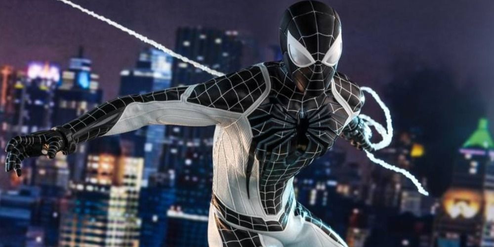 An image of Spider-Man wearing the Negative Suit in the PS4 game