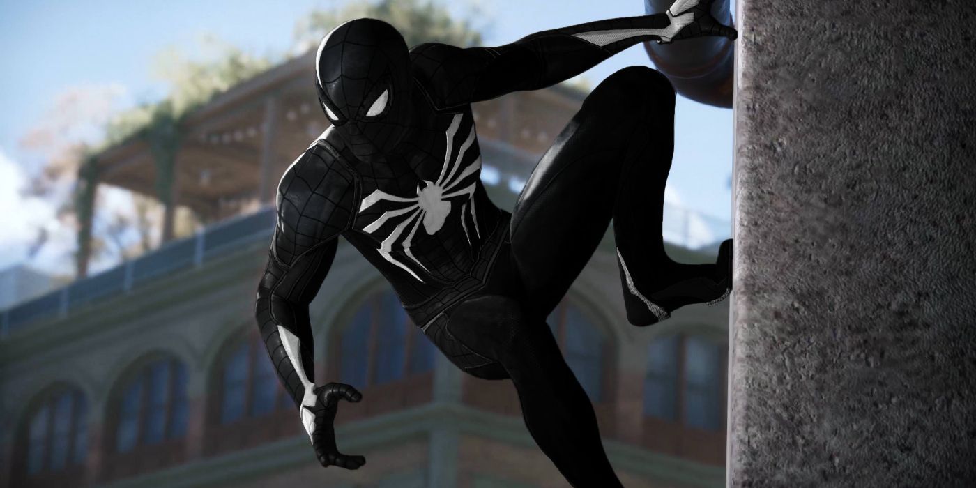 An image of Spider-Man wearing the Symbiote suit in Spider-Man PS4 game