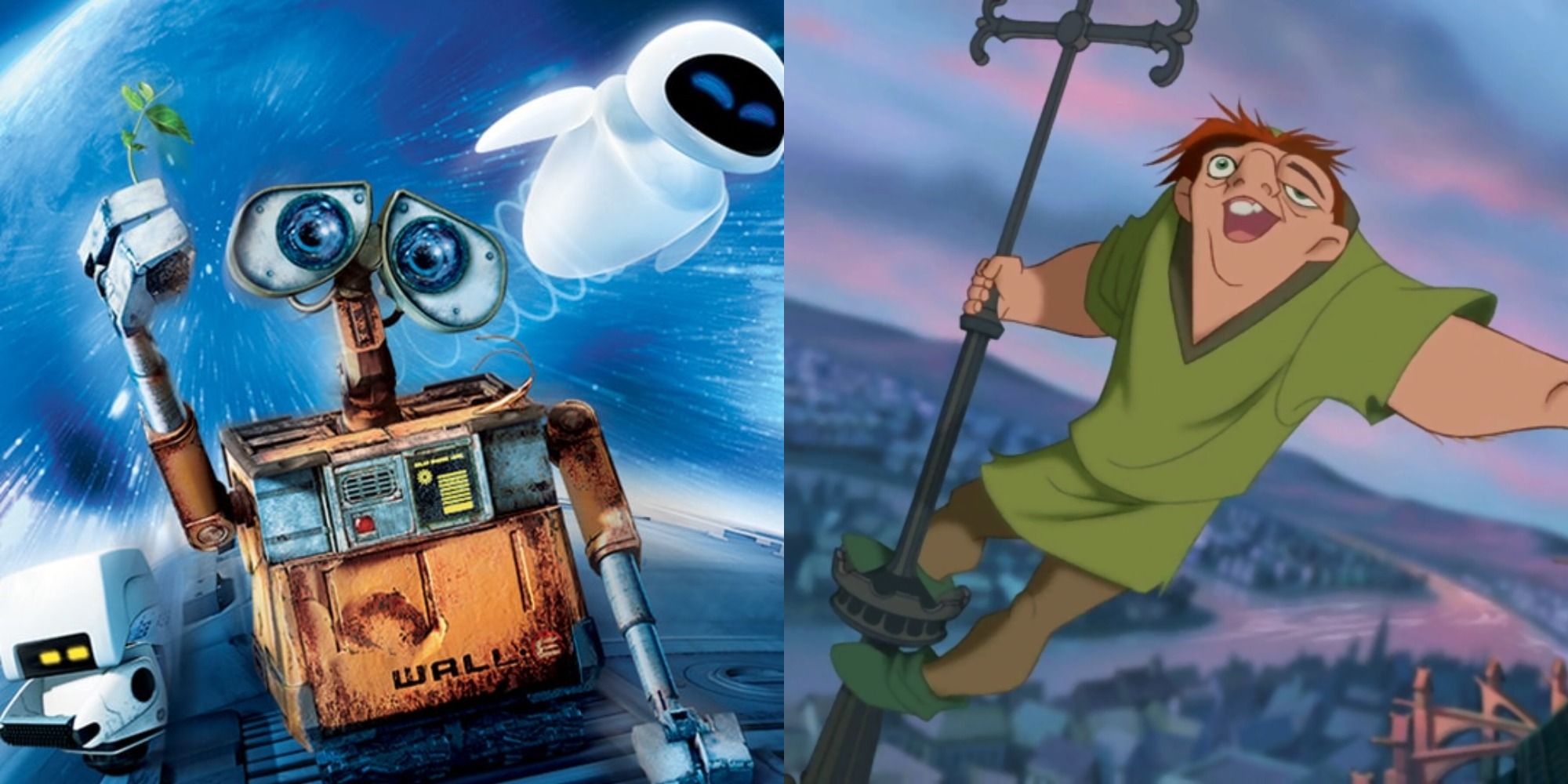 Split image showing a poster for Wall-E and Quasimodo singing in The Hunchback of Notre Dame