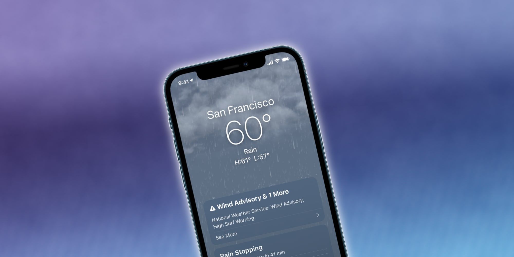 Apple iPhone Weather App Over Rainy background