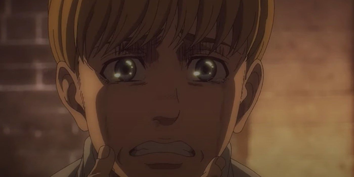 Armin crying in anger in Attack on Titan