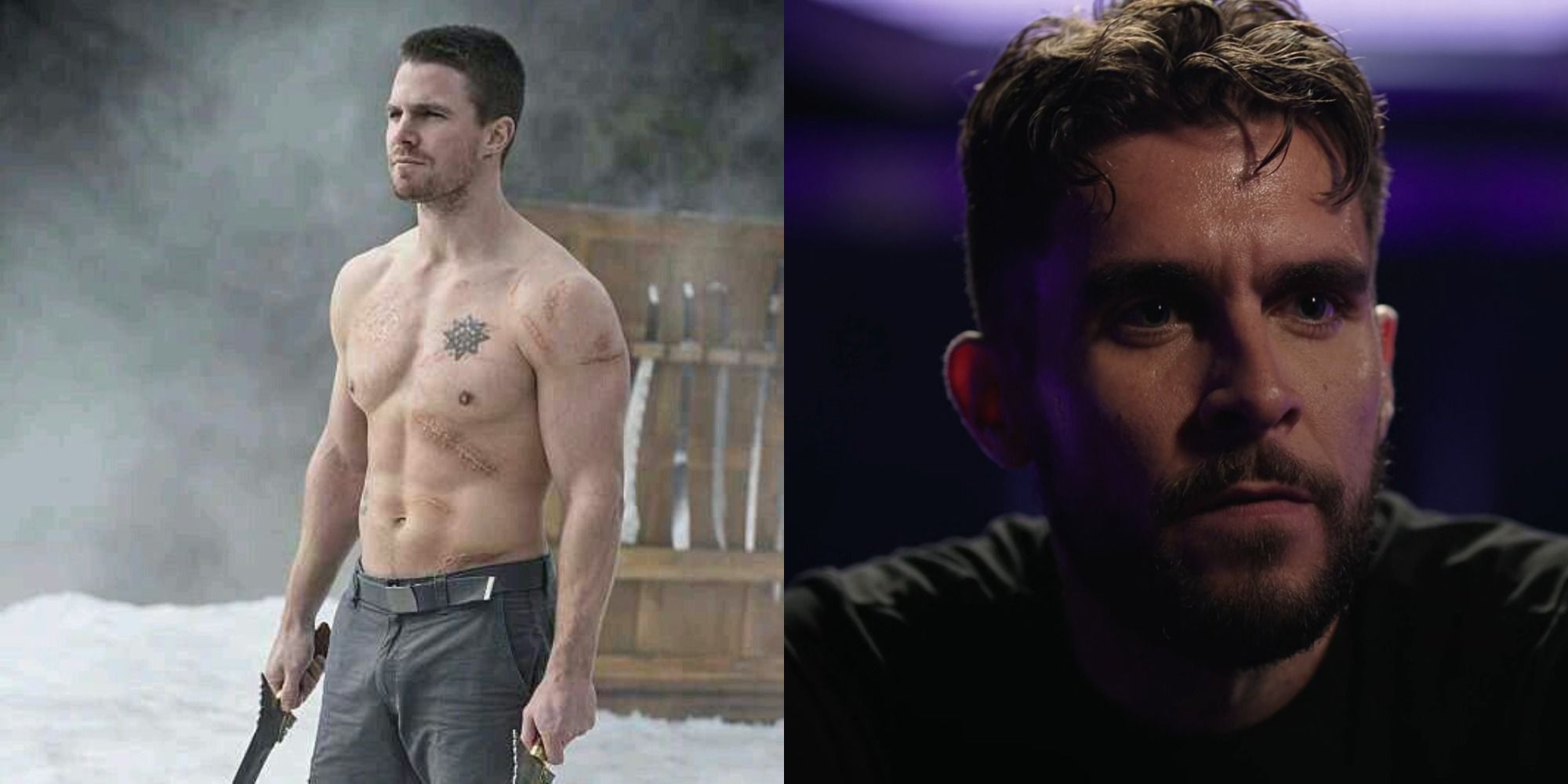Split image showing shirtless Oliver Queen and Adrian Chase in Arrow