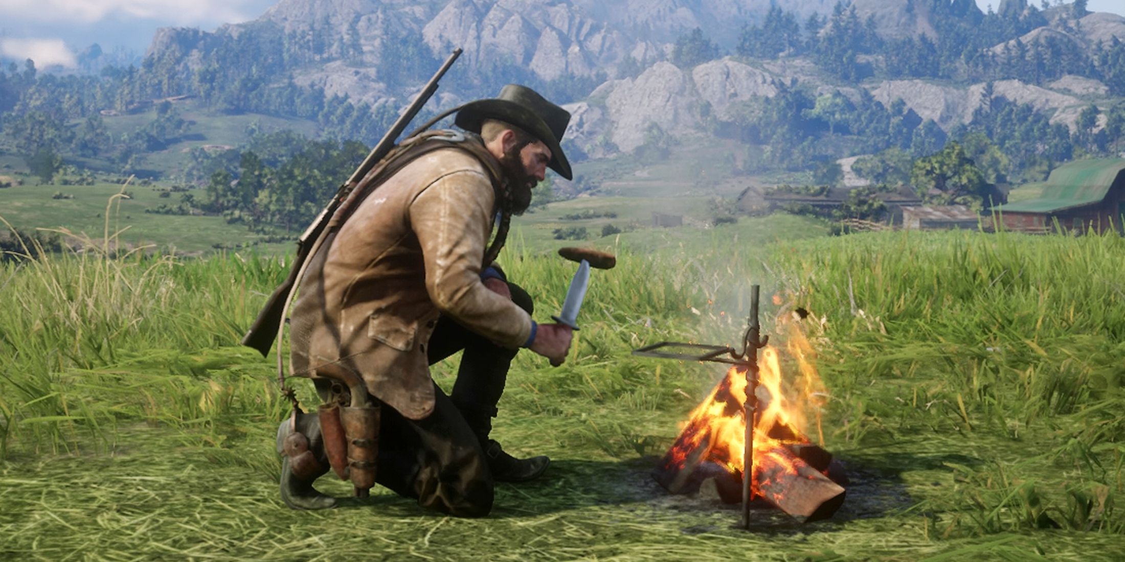 Arthur Cooking and Eating Meat at his Campsite in Red Dead Redemption 2