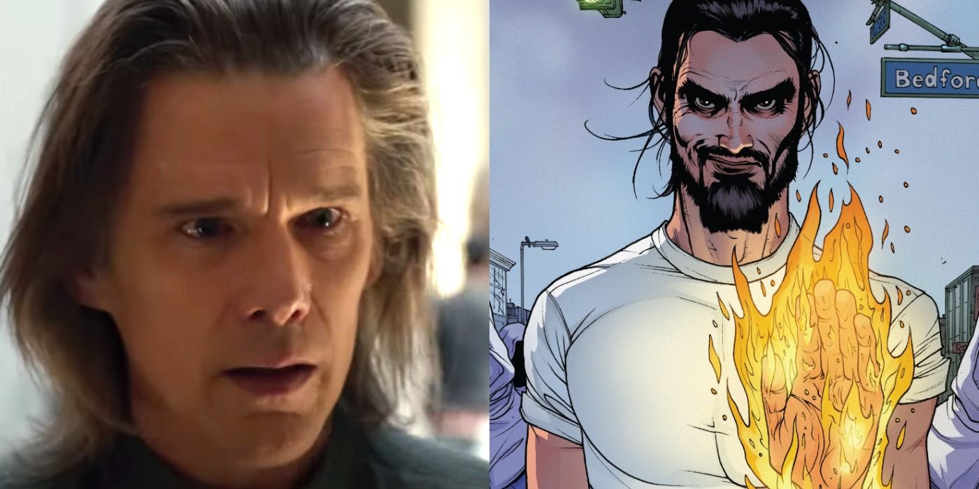 Split image of Ethan Hawke as Arthur Harrow and Sun King holding up his fiery hand in Moon Knight's comics 