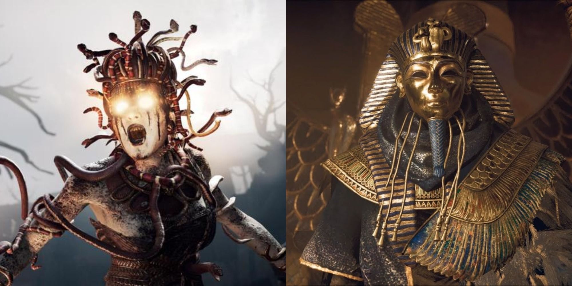 Split image showing Medusa in AC Odyssey and Tutankhamun in OC Origins