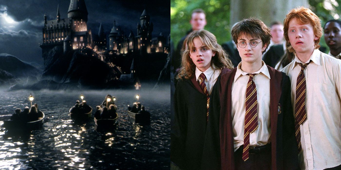 Hogwarts and Harry, Ron, and Hermione in class