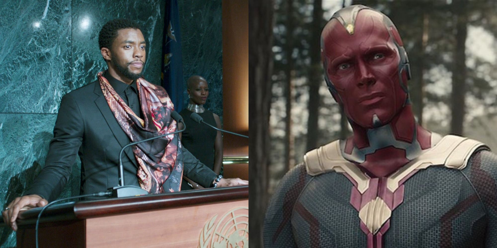Split image showing T'Challa in Black Panther and Vision in Age of Ultron