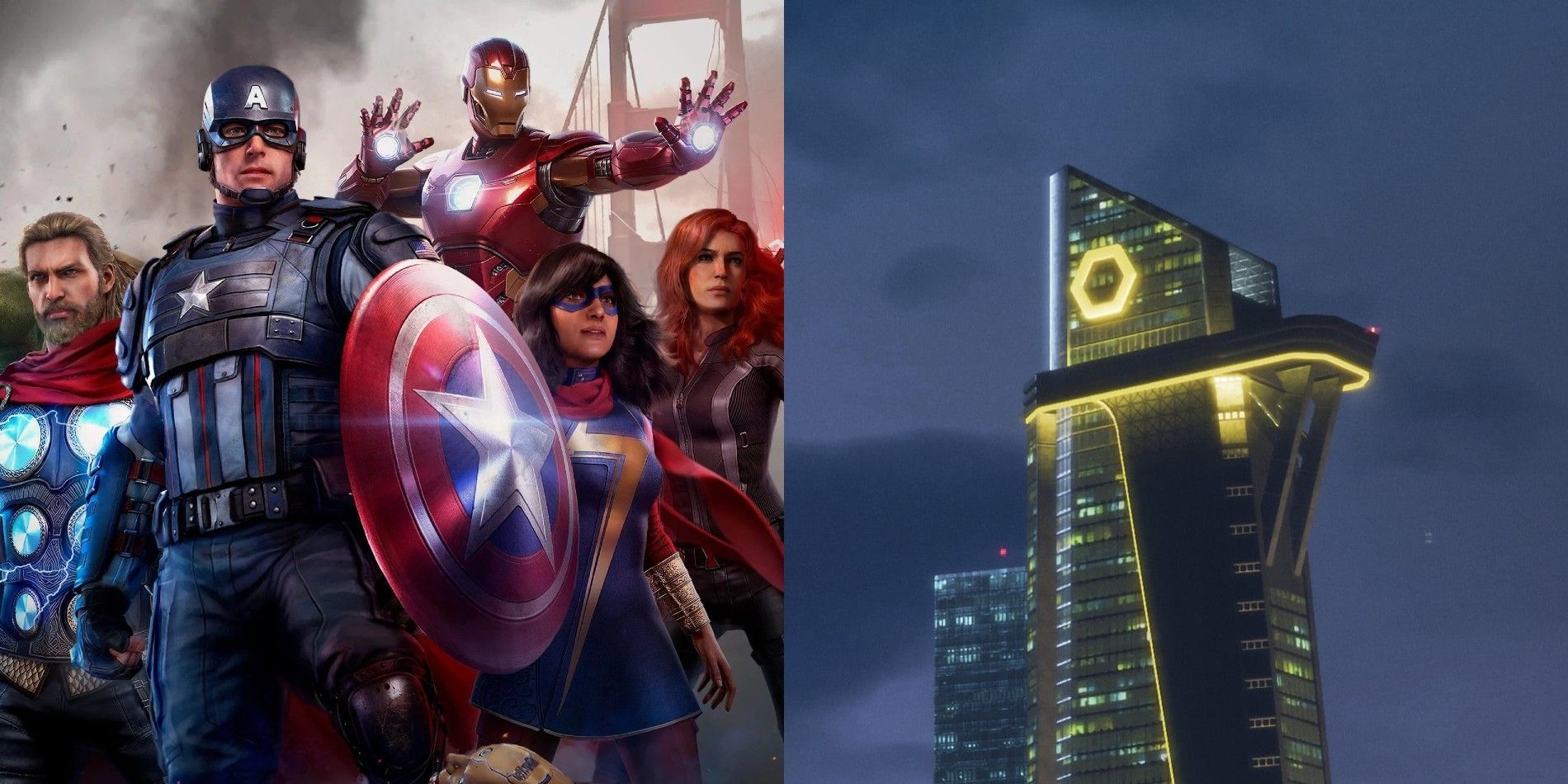 Marvel's Avengers' cast with the Avengers Tower in-game.