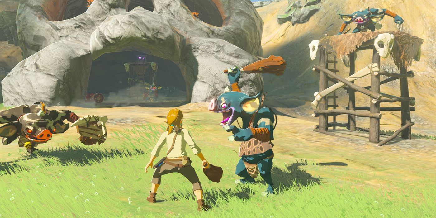 Link lutando contra Bokoblins em frente a um prédio em forma de caveira em The Legend of Zelda: Breath of the Wild