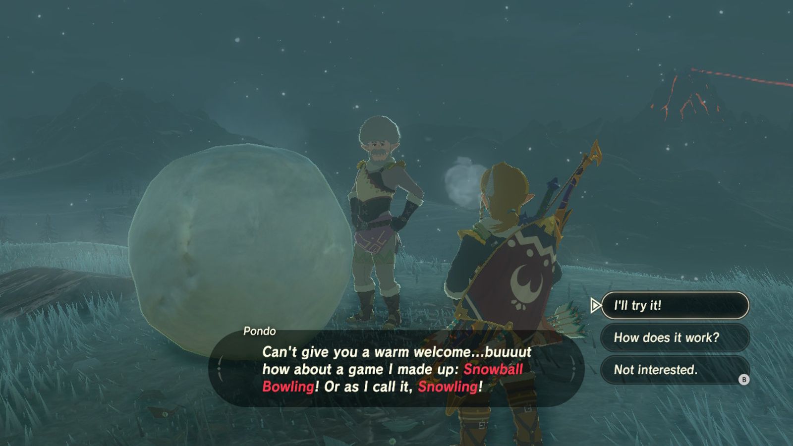 Link can play the Snowling minigame at Pondo's Lodge in BOTW for a Gold Rupee.