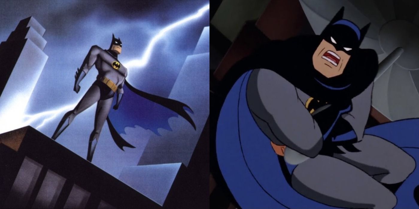 Split image of Batman standing atop a building lit by lightning and delivering his iconic line in BTAS